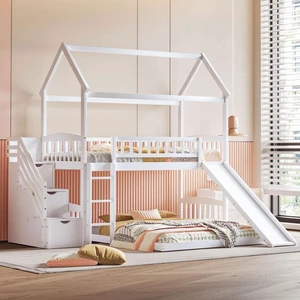 Hassyee Twin Over Full Bunk Bed with Roof, Slide and Storage Staircase, House-Shaped Loft Bed with Safety Guardrail for Boys Girls Bedroom Guest Playroom, No Box Spring Needed (White Twin Over Full) Hassyee Twin Over Full Bunk Bed with Roof, Slide and Storage Staircase, House-Shaped Loft Bed with Safety Guardrail for Boys Girls Bedroom Guest Playroom, No Box Spring Needed (White Twin Over Full)