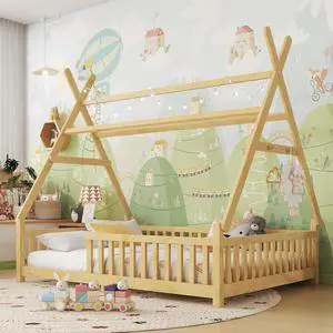 Classic Tent Bed Floor Beds Rustic Wood Canopy Bed Frame w/Roof&LED Light for Boy Girl,Funny Montessori Bed Daybed w/Fence Railings&Wooden Slats Support for Bedroom,No Box Spring Needed (Natural Full) Classic Tent Bed Floor Beds Rustic Wood Canopy Bed Frame w/Roof&LED Light for Boy Girl,Funny Montessori Bed Daybed w/Fence Railings&Wooden Slats Support for Bedroom,No Box Spring Needed (Natural Full)
