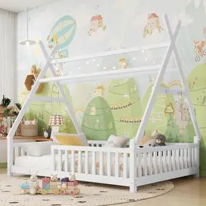 Classic Tent Bed Floor Beds Rustic Wood Canopy Bed Frame w/Roof&LED Light for Boy Girl,Funny Montessori Bed Daybed w/Fence Railings&Wooden Slats Support for Bedroom,No Box Spring Needed (White Full) Classic Tent Bed Floor Beds Rustic Wood Canopy Bed Frame w/Roof&LED Light for Boy Girl,Funny Montessori Bed Daybed w/Fence Railings&Wooden Slats Support for Bedroom,No Box Spring Needed (White Full)