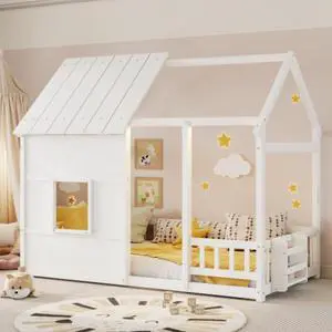 Hassyee Twin Size Wooden House Bed with Roof and Window, Montessori Floor Bed with 7 Colors LED Light and Safety Guardrails, for Boys Girls Bedroom Guest Playroom, No Box Spring Needed (White Twin) Hassyee Twin Size Wooden House Bed with Roof and Window, Montessori Floor Bed with 7 Colors LED Light and Safety Guardrails, for Boys Girls Bedroom Guest Playroom, No Box Spring Needed (White Twin)
