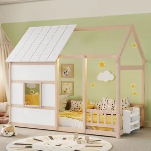 Twin Size House Bed Solid Wood Cabin Bed Floor Bedframe w/Roof & Window for Boy Girl, Multi-functional Montessori Canopy Beds w/Small Bookcase for Bedroom Dorm, Can Be Decorated with Ribbons (Nude) Twin Size House Bed Solid Wood Cabin Bed Floor Bedframe w/Roof & Window for Boy Girl, Multi-functional Montessori Canopy Beds w/Small Bookcase for Bedroom Dorm, Can Be Decorated with Ribbons (Nude)