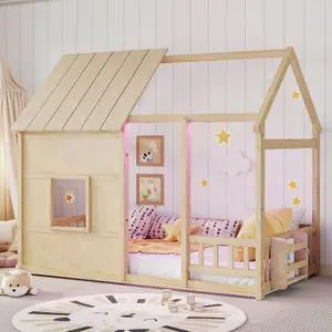 Hassyee Twin Size Wooden House Bed with Roof and Window, Montessori Floor Bed with 7 Colors LED Light and Safety Guardrails, for Boys Girls Bedroom Guest Playroom, No Box Spring Needed (Natural Twin) Hassyee Twin Size Wooden House Bed with Roof and Window, Montessori Floor Bed with 7 Colors LED Light and Safety Guardrails, for Boys Girls Bedroom Guest Playroom, No Box Spring Needed (Natural Twin)
