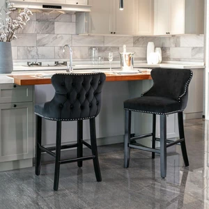 Hassyee Contemporary Velvet Upholstered Wing-Back Barstools with Button Tufted Decoration and Wooden Legs, and Chrome Nailhead Trim, Leisure Style Bar Chairs,Set of 2 (Black + Set of 2) Hassyee Contemporary Velvet Upholstered Wing-Back Barstools with Button Tufted Decoration and Wooden Legs, and Chrome Nailhead Trim, Leisure Style Bar Chairs,Set of 2 (Black + Set of 2)