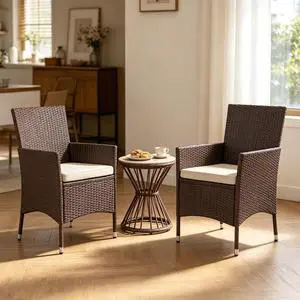 Hassyee Dark Coffee PE Rattan Patio Dining Armchairs w/Beige Removable Cushion for Garden, All Weather Outdoor Seating Chairs w/Steel Frame & High Back for Porch, Deck, Balcony, Set of 2 Hassyee Dark Coffee PE Rattan Patio Dining Armchairs w/Beige Removable Cushion for Garden, All Weather Outdoor Seating Chairs w/Steel Frame & High Back for Porch, Deck, Balcony, Set of 2