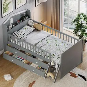 Hassyee Twin Size Wooden Daybed Frame with 4 Drawers, Captain's Bed with Headboard and Bookshelf, Platform Beds with Guardrail and Ladder for Boys Girls Bedroom Guest Room Living Room (Gray Twin) Hassyee Twin Size Wooden Daybed Frame with 4 Drawers, Captain's Bed with Headboard and Bookshelf, Platform Beds with Guardrail and Ladder for Boys Girls Bedroom Guest Room Living Room (Gray Twin)