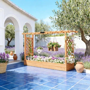 Hassyee Wooden Planter Box with Trellis and Drainage Holes for Growing Vegetables, Flowers, Plants, Outdoor Raised Garden Bed with Hanging Roof Design and Solid Wood Frame for Backyard Hassyee Wooden Planter Box with Trellis and Drainage Holes for Growing Vegetables, Flowers, Plants, Outdoor Raised Garden Bed with Hanging Roof Design and Solid Wood Frame for Backyard