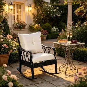 Hassyee Stylish Patio Rocking Chair w/Back & Seat Cushions for Garden, Modern Porch Rocker w/Black Aluminum Frame & PE Rattan Accents for Backyard, Outdoor Rocking Armchair w/High Back for Deck Hassyee Stylish Patio Rocking Chair w/Back & Seat Cushions for Garden, Modern Porch Rocker w/Black Aluminum Frame & PE Rattan Accents for Backyard, Outdoor Rocking Armchair w/High Back for Deck
