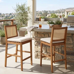 Hassyee Acacia Wood Patio Bar Stools w/Woven Plastic Rattan Back & Removable Seat Cushion for Garden, All Weather Indoor Outdoor Pub Chairs w/Solid Wood Frame for Bistro, Deck, Porch (Set of 2) Hassyee Acacia Wood Patio Bar Stools w/Woven Plastic Rattan Back & Removable Seat Cushion for Garden, All Weather Indoor Outdoor Pub Chairs w/Solid Wood Frame for Bistro, Deck, Porch (Set of 2)