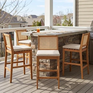 Hassyee Acacia Wood Patio Bar Stools w/Woven Plastic Rattan Back & Removable Seat Cushion for Garden, All Weather Indoor Outdoor Pub Chairs w/Solid Wood Frame for Bistro, Deck, Porch (Set of 4) Hassyee Acacia Wood Patio Bar Stools w/Woven Plastic Rattan Back & Removable Seat Cushion for Garden, All Weather Indoor Outdoor Pub Chairs w/Solid Wood Frame for Bistro, Deck, Porch (Set of 4)