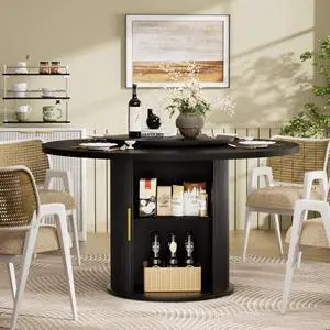 Modern and Stylish Round Dining Table, Featuring A Double-Tiered Storage Rack and A Rotating Tabletop Tray,Wooden Wavy-Striped Sliding Doors,Suitable for Kitchen Dining Table Modern and Stylish Round Dining Table, Featuring A Double-Tiered Storage Rack and A Rotating Tabletop Tray,Wooden Wavy-Striped Sliding Doors,Suitable for Kitchen Dining Table