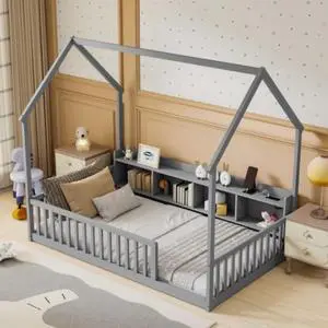Hassyee Twin/Full Size House Floor Bed with Storage Shelves, Built-in LED Lights & Charging Station, Cabin Bed with Roof Design and Safety Guardrails for Boys Girls Bedroom Guest Playroom (Grey Twin) Hassyee Twin/Full Size House Floor Bed with Storage Shelves, Built-in LED Lights & Charging Station, Cabin Bed with Roof Design and Safety Guardrails for Boys Girls Bedroom Guest Playroom (Grey Twin)