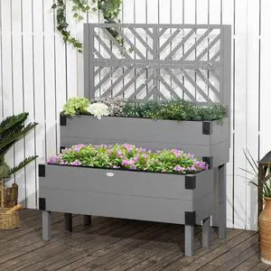 2 Tier Raised Garden Bed with Lattice Trellis and Legs for Growing Flowers, Plants, Vegetables, Outdoor Wooden Planter Box with Drainage Holes and Non-woven Fabric Bed Liner for Backyard, Lawn 2 Tier Raised Garden Bed with Lattice Trellis and Legs for Growing Flowers, Plants, Vegetables, Outdoor Wooden Planter Box with Drainage Holes and Non-woven Fabric Bed Liner for Backyard, Lawn