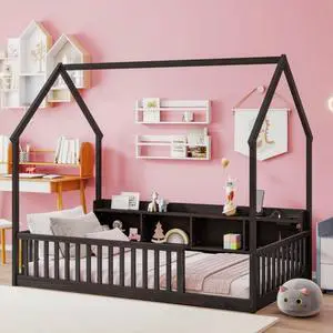 Twin/Full Size House Floor Bed with Storage Shelves, Built-in LED Lights & Charging Station, Cabin Bed with Roof Design and Safety Guardrails for Boys Girls Bedroom Guest Playroom (Espresso Twin) Twin/Full Size House Floor Bed with Storage Shelves, Built-in LED Lights & Charging Station, Cabin Bed with Roof Design and Safety Guardrails for Boys Girls Bedroom Guest Playroom (Espresso Twin)