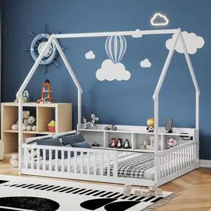 Twin/Full Size House Floor Bed with Storage Shelves, Built-in LED Lights & Charging Station, Cabin Bed with Roof Design and Safety Guardrails for Boys Girls Bedroom Guest Playroom (White Full) Twin/Full Size House Floor Bed with Storage Shelves, Built-in LED Lights & Charging Station, Cabin Bed with Roof Design and Safety Guardrails for Boys Girls Bedroom Guest Playroom (White Full)