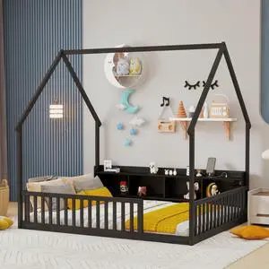 Twin/Full Size House Floor Bed with Storage Shelves, Built-in LED Lights & Charging Station, Cabin Bed with Roof Design and Safety Guardrails for Boys Girls Bedroom Guest Playroom (Espresso Full) Twin/Full Size House Floor Bed with Storage Shelves, Built-in LED Lights & Charging Station, Cabin Bed with Roof Design and Safety Guardrails for Boys Girls Bedroom Guest Playroom (Espresso Full)