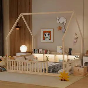 Twin/Full Size House Floor Bed with Storage Shelves, Built-in LED Lights & Charging Station, Cabin Bed with Roof Design and Safety Guardrails for Boys Girls Bedroom Guest Playroom (Natural Full) Twin/Full Size House Floor Bed with Storage Shelves, Built-in LED Lights & Charging Station, Cabin Bed with Roof Design and Safety Guardrails for Boys Girls Bedroom Guest Playroom (Natural Full)