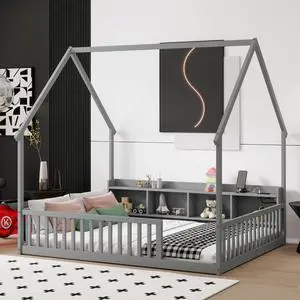 Hassyee Twin/Full Size House Floor Bed with Storage Shelves, Built-in LED Lights & Charging Station, Cabin Bed with Roof Design and Safety Guardrails for Boys Girls Bedroom Guest Playroom (Grey Full) Hassyee Twin/Full Size House Floor Bed with Storage Shelves, Built-in LED Lights & Charging Station, Cabin Bed with Roof Design and Safety Guardrails for Boys Girls Bedroom Guest Playroom (Grey Full)