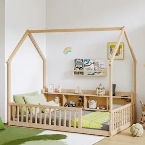 Twin/Full Size House Floor Bed with Storage Shelves, Built-in LED Lights & Charging Station, Cabin Bed with Roof Design and Safety Guardrails for Boys Girls Bedroom Guest Playroom (Natural Twin) Twin/Full Size House Floor Bed with Storage Shelves, Built-in LED Lights & Charging Station, Cabin Bed with Roof Design and Safety Guardrails for Boys Girls Bedroom Guest Playroom (Natural Twin)