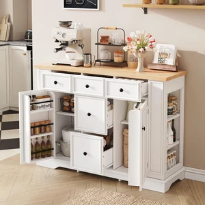 Hassyee Fixed Kitchen Island with Storage Space, Kitchen Console Table with 5 Drawers, 2 Cabinets, Adjustable Shelves, Buffet Server for Dining Room, Living Room, Entryway (White) Hassyee Fixed Kitchen Island with Storage Space, Kitchen Console Table with 5 Drawers, 2 Cabinets, Adjustable Shelves, Buffet Server for Dining Room, Living Room, Entryway (White)