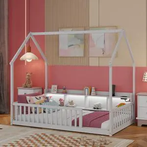 Twin/Full Size House Floor Bed with Storage Shelves, Built-in LED Lights & Charging Station, Cabin Bed with Roof Design and Safety Guardrails for Boys Girls Bedroom Guest Playroom (White Twin) Twin/Full Size House Floor Bed with Storage Shelves, Built-in LED Lights & Charging Station, Cabin Bed with Roof Design and Safety Guardrails for Boys Girls Bedroom Guest Playroom (White Twin)