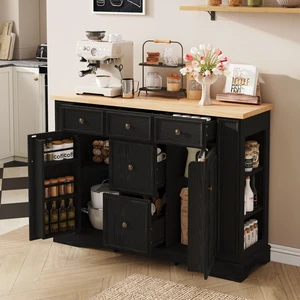Hassyee Fixed Kitchen Island with Storage Space, Kitchen Console Table with 5 Drawers, 2 Cabinets, Adjustable Shelves, Buffet Server for Dining Room, Living Room, Entryway (Black) Hassyee Fixed Kitchen Island with Storage Space, Kitchen Console Table with 5 Drawers, 2 Cabinets, Adjustable Shelves, Buffet Server for Dining Room, Living Room, Entryway (Black)