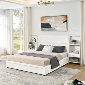 Hassyee Queen Size Modern Platform Bed Frame, Panel Bedframe Mattress Base with Side Bookcases & Drawer, Storage Bed with Velvet Headboard for Master Bedroom Guest Room Apartment (Beige Queen) Hassyee Queen Size Modern Platform Bed Frame, Panel Bedframe Mattress Base with Side Bookcases & Drawer, Storage Bed with Velvet Headboard for Master Bedroom Guest Room Apartment (Beige Queen)