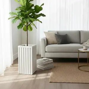 Hassyee Square Grove Column Planter with Internal Tray and Wood-Like Surface for Backyard, Lawn, Outdoor Flower Pot with Lightweight Aluminum Frame for Growing Flowers, Plants (White) Hassyee Square Grove Column Planter with Internal Tray and Wood-Like Surface for Backyard, Lawn, Outdoor Flower Pot with Lightweight Aluminum Frame for Growing Flowers, Plants (White)