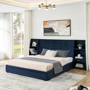 Hassyee Queen Size Modern Platform Bed Frame, Panel Bedframe Mattress Base with Side Bookcases & Drawer, Storage Bed with Velvet Headboard for Master Bedroom Guest Room Apartment (Dark Blue Queen) Hassyee Queen Size Modern Platform Bed Frame, Panel Bedframe Mattress Base with Side Bookcases & Drawer, Storage Bed with Velvet Headboard for Master Bedroom Guest Room Apartment (Dark Blue Queen)