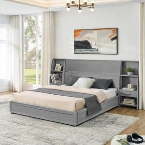 Hassyee Queen Size Modern Platform Bed Frame, Panel Bedframe Mattress Base with Side Bookcases & Drawer, Storage Bed with Velvet Headboard for Master Bedroom Guest Room Apartment (Gray Queen) Hassyee Queen Size Modern Platform Bed Frame, Panel Bedframe Mattress Base with Side Bookcases & Drawer, Storage Bed with Velvet Headboard for Master Bedroom Guest Room Apartment (Gray Queen)