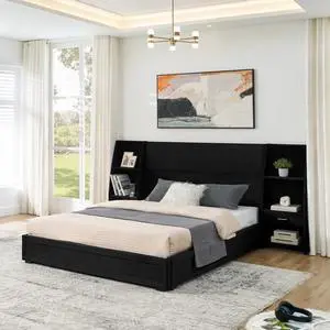 Hassyee Queen Size Modern Platform Bed Frame, Panel Bedframe Mattress Base with Side Bookcases & Drawer, Storage Bed with Velvet Headboard for Master Bedroom Guest Room Apartment (Black Queen) Hassyee Queen Size Modern Platform Bed Frame, Panel Bedframe Mattress Base with Side Bookcases & Drawer, Storage Bed with Velvet Headboard for Master Bedroom Guest Room Apartment (Black Queen)