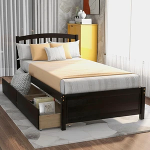 Hassyee Twin Size Wooden Platform Bed Frame with Headboard, Storage Bed with 2 Drawers, Mattress Base with Slats Support for Master Bedroom Guest Room, No Box Spring Needed (Espresso Twin) Hassyee Twin Size Wooden Platform Bed Frame with Headboard, Storage Bed with 2 Drawers, Mattress Base with Slats Support for Master Bedroom Guest Room, No Box Spring Needed (Espresso Twin)