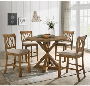 Hassyee 5-Piece Solid Wood Dinner Table Set with Round Table and 4 X-Back Chairs for 4, Farmhouse Kitchen Set with Beautiful Cross-Buck Pedestal Base for Family Gatherings Hassyee 5-Piece Solid Wood Dinner Table Set with Round Table and 4 X-Back Chairs for 4, Farmhouse Kitchen Set with Beautiful Cross-Buck Pedestal Base for Family Gatherings