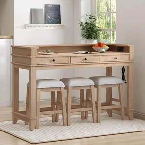 Hassyee 4-Piece Rectangular Dining Table Set with 3 Storage Drawers and 3 Padded Stools for Bar Cafe, Retro Kitchen Table Set with USB Port and Power Strip for Dining Room (Natural) Hassyee 4-Piece Rectangular Dining Table Set with 3 Storage Drawers and 3 Padded Stools for Bar Cafe, Retro Kitchen Table Set with USB Port and Power Strip for Dining Room (Natural)