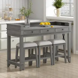 Hassyee 4-Piece Rectangular Dining Table Set with 3 Storage Drawers and 3 Padded Stools for Bar Cafe, Retro Kitchen Table Set with USB Port and Power Strip for Dining Room (Light Grey) Hassyee 4-Piece Rectangular Dining Table Set with 3 Storage Drawers and 3 Padded Stools for Bar Cafe, Retro Kitchen Table Set with USB Port and Power Strip for Dining Room (Light Grey)