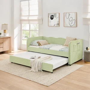 Hassyee Twin Size Upholstered Daybed, Convertible Captain's Bed with PullOut Trundle & Side Storage Pockets, Platform Beds for Multiple Room Layouts and SmallSpace Living (Green Twin) Hassyee Twin Size Upholstered Daybed, Convertible Captain's Bed with PullOut Trundle & Side Storage Pockets, Platform Beds for Multiple Room Layouts and SmallSpace Living (Green Twin)