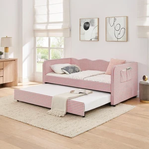 Hassyee Twin Size Upholstered Daybed, Convertible Captain's Bed with PullOut Trundle & Side Storage Pockets, Platform Beds for Multiple Room Layouts and SmallSpace Living (Pink Twin) Hassyee Twin Size Upholstered Daybed, Convertible Captain's Bed with PullOut Trundle & Side Storage Pockets, Platform Beds for Multiple Room Layouts and SmallSpace Living (Pink Twin)