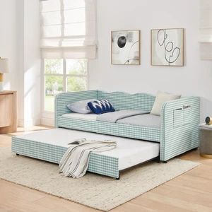 Hassyee Twin Size Upholstered Daybed, Convertible Captain's Bed with PullOut Trundle & Side Storage Pockets, Platform Beds for Multiple Room Layouts and SmallSpace Living (Cyan Twin) Hassyee Twin Size Upholstered Daybed, Convertible Captain's Bed with PullOut Trundle & Side Storage Pockets, Platform Beds for Multiple Room Layouts and SmallSpace Living (Cyan Twin)