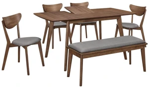 Hassyee 6-Piece Dinner Table Set with Extendable Tabletop and 4 Upholstered Chairs & 1 Bench for 6, Farmhouse Kitchen Set with Half Moon Backrest & Wood Frame for Family Gathering Hassyee 6-Piece Dinner Table Set with Extendable Tabletop and 4 Upholstered Chairs & 1 Bench for 6, Farmhouse Kitchen Set with Half Moon Backrest & Wood Frame for Family Gathering