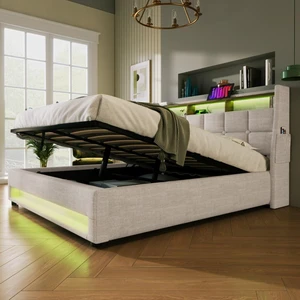 Queen/Full Size Upholstered Platform Bed with Tufted Headboard, Hydraulic Lift Underbed Storage Bed with LED Light and USB Charging for Master Bedroom Guest Room, No Box Spring Needed (Natural Queen) Queen/Full Size Upholstered Platform Bed with Tufted Headboard, Hydraulic Lift Underbed Storage Bed with LED Light and USB Charging for Master Bedroom Guest Room, No Box Spring Needed (Natural Queen)