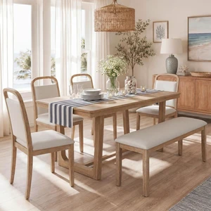 Hassyee 6-Piece Dinner Table Set with Rectangular Table and 4 Open-Back Chairs & 1 Long Bench for Family Gathering, Farmhouse Kitchen Set with U Shape Legs for Home Bar Cafe (Natural) Hassyee 6-Piece Dinner Table Set with Rectangular Table and 4 Open-Back Chairs & 1 Long Bench for Family Gathering, Farmhouse Kitchen Set with U Shape Legs for Home Bar Cafe (Natural)