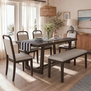 Hassyee 6-Piece Dinner Table Set with Rectangular Table and 4 Open-Back Chairs & 1 Long Bench for Family Gathering, Farmhouse Kitchen Set with U Shape Legs for Home Bar Cafe (Brown) Hassyee 6-Piece Dinner Table Set with Rectangular Table and 4 Open-Back Chairs & 1 Long Bench for Family Gathering, Farmhouse Kitchen Set with U Shape Legs for Home Bar Cafe (Brown)