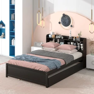 Hassyee Twin/Full Size Platform Bed with Pull-Out Trundle, Panel Bedframe Mattress Base with Bookcase Headboard and Wooden Slats Support for Bedroom Guest Room, Quick Assembly (Espresso Full) Hassyee Twin/Full Size Platform Bed with Pull-Out Trundle, Panel Bedframe Mattress Base with Bookcase Headboard and Wooden Slats Support for Bedroom Guest Room, Quick Assembly (Espresso Full)