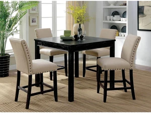 Hassyee 5-Piece Dining Sets with Square Table and 4 Fabric Upholstered Chairs for Tavern Pub Bistro Home Restaurant, Vintage Kitchen Set with Nailhead Trim & Curved Backrest for 4 Hassyee 5-Piece Dining Sets with Square Table and 4 Fabric Upholstered Chairs for Tavern Pub Bistro Home Restaurant, Vintage Kitchen Set with Nailhead Trim & Curved Backrest for 4