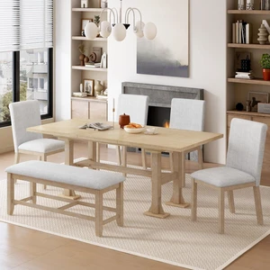 Hassyee 6-Piece Kitchen Table Set with Extendable Tabletop and 4 Upholstered Chairs & 1 Padded Bench for Small Places, Rustic Dining Sets with Trestle Base & Footrest for 6 Hassyee 6-Piece Kitchen Table Set with Extendable Tabletop and 4 Upholstered Chairs & 1 Padded Bench for Small Places, Rustic Dining Sets with Trestle Base & Footrest for 6