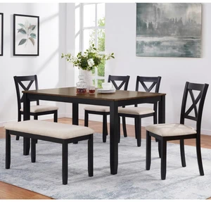Hassyee 6-Piece Dinner Table Set with Rectangular Table and 4 X-Back Chairs & 1 Long Bench for 6, Vintage Kitchen Set with Solid Wood Frame & MDF Tabletop for Family Gathering Hassyee 6-Piece Dinner Table Set with Rectangular Table and 4 X-Back Chairs & 1 Long Bench for 6, Vintage Kitchen Set with Solid Wood Frame & MDF Tabletop for Family Gathering
