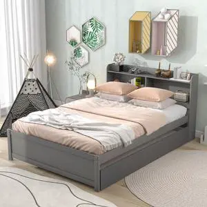 Hassyee Twin/Full Size Platform Bed with Pull-Out Trundle, Panel Bedframe Mattress Base with Bookcase Headboard and Wooden Slats Support for Bedroom Guest Room, Quick Assembly (Grey Full) Hassyee Twin/Full Size Platform Bed with Pull-Out Trundle, Panel Bedframe Mattress Base with Bookcase Headboard and Wooden Slats Support for Bedroom Guest Room, Quick Assembly (Grey Full)