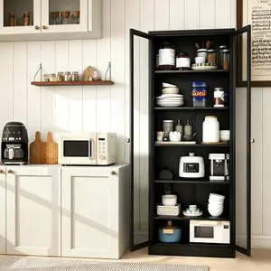 Hassyee Metal Kitchen Pantry Cabinet Adjustable Storage with 4 Shelves, Heavy Duty Freestanding Pantry Organizer for Kitchen, Pantry, Living Room,Modern Farmhouse Design (Black + M03) Hassyee Metal Kitchen Pantry Cabinet Adjustable Storage with 4 Shelves, Heavy Duty Freestanding Pantry Organizer for Kitchen, Pantry, Living Room,Modern Farmhouse Design (Black + M03)