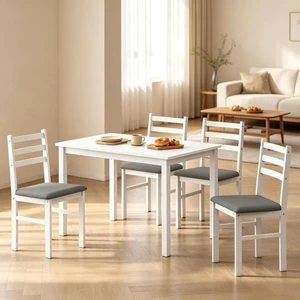 Hassyee 5-Piece Dining Sets with Rectangular Table and 4 Ladder Back Chairs for Tavern Pub Bistro Home Restaurant, Farmhouse Kitchen Set with MDF Tabletop & Wood Frame for 4 (Gray) Hassyee 5-Piece Dining Sets with Rectangular Table and 4 Ladder Back Chairs for Tavern Pub Bistro Home Restaurant, Farmhouse Kitchen Set with MDF Tabletop & Wood Frame for 4 (Gray)