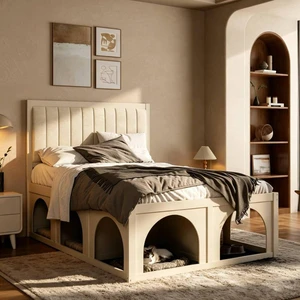 Queen/Full Size Platform Bed with Pet-Friendly Space and Upholstered Headboard, Panel Bedframe Mattress Base with Open Under-Bed Nook and Wooden Slats Support for Bedroom Apartment (Beige Full) Queen/Full Size Platform Bed with Pet-Friendly Space and Upholstered Headboard, Panel Bedframe Mattress Base with Open Under-Bed Nook and Wooden Slats Support for Bedroom Apartment (Beige Full)