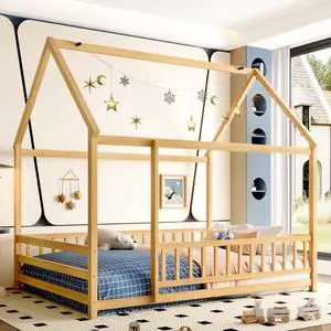 Hassyee Twin/Full Size Wooden House Floor Bed with Fence Guardrails and Roof Frame, Sturdy Durable Open Montessori Bed, Cabin Beds for Boys Girls Teens Room Playroom Apartment Bedroom (Natural Full) Hassyee Twin/Full Size Wooden House Floor Bed with Fence Guardrails and Roof Frame, Sturdy Durable Open Montessori Bed, Cabin Beds for Boys Girls Teens Room Playroom Apartment Bedroom (Natural Full)